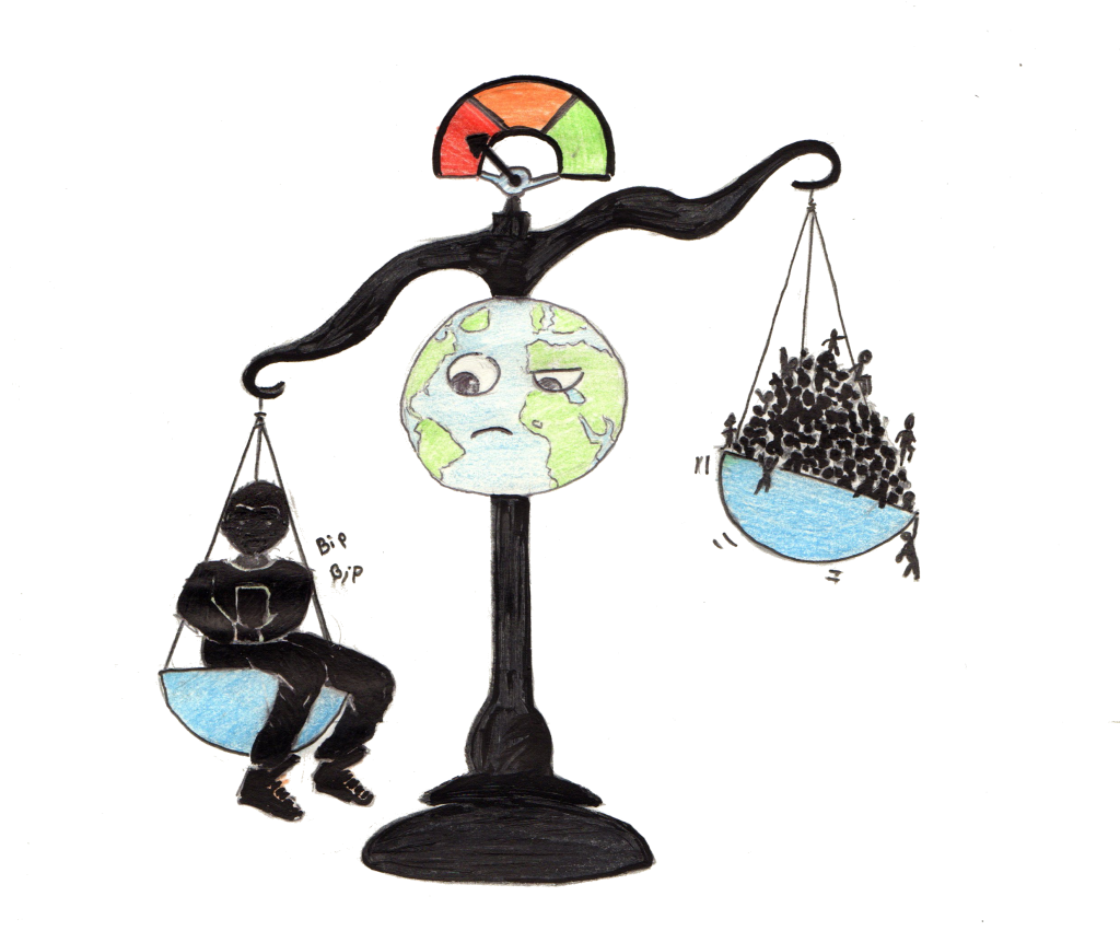 The consumption vs. population size debate. Knowing that population size can hardly be reduced compels us to reduce our consumption. Thanks to Sarah for the illustration