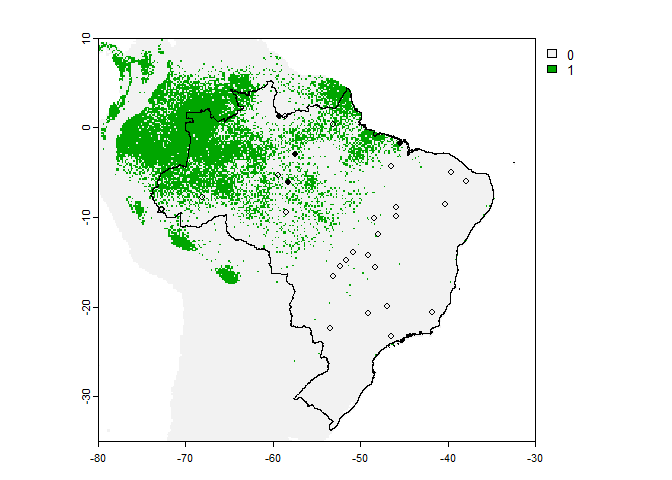 Fig 7.6 Points sampled within the Brazil polygon, with a suitable zoom